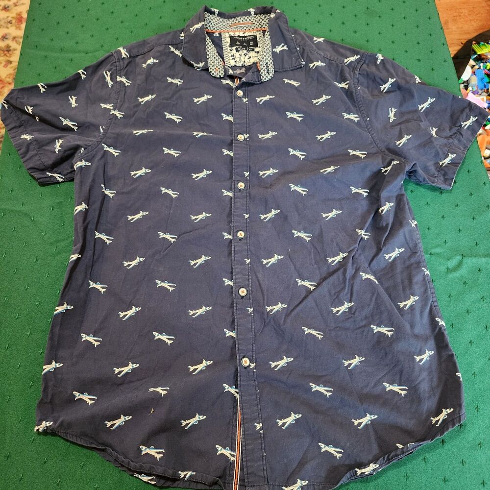 Denim & Flower Ricky Singh Shirt Short Sleeve Airplanes Navy Slim Fit Men's L